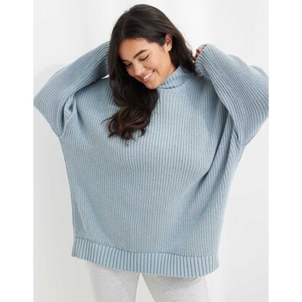 Aerie Oversized Sweater Womens XS Blue Mock Neck Waffle Knit Drop Shoulder Cozy